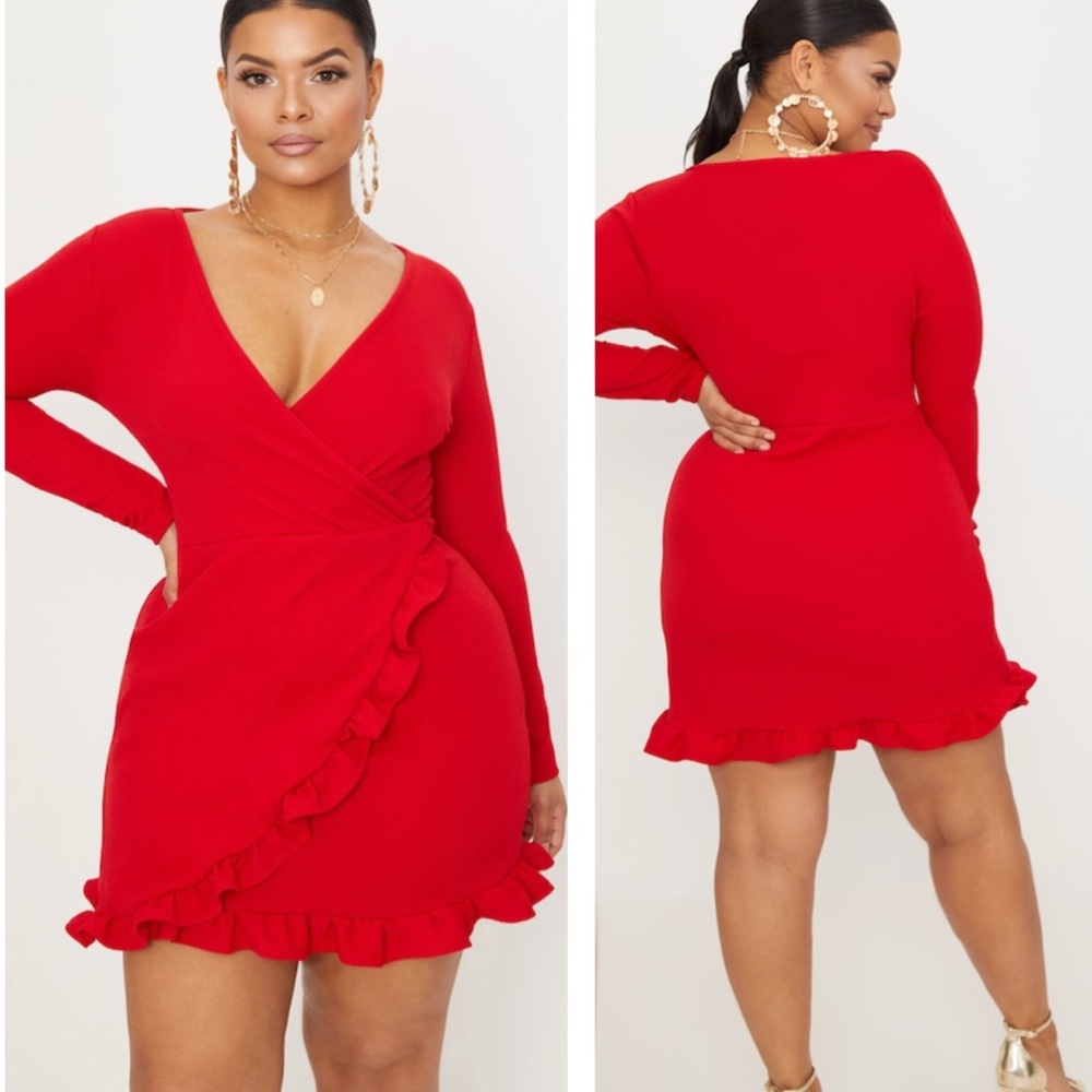 Pretty Little Thing Plus Size Red Ruffle Detail Wrap Mini Dress
